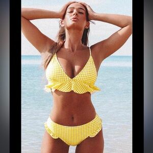 Cupshe Bikini Swimsuit Womens Medium Yellow Check Gingham Plaid Ruffle